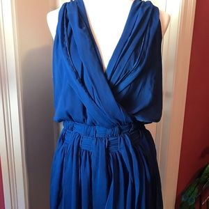 Grecian style shirt cocktail dress blue fringe